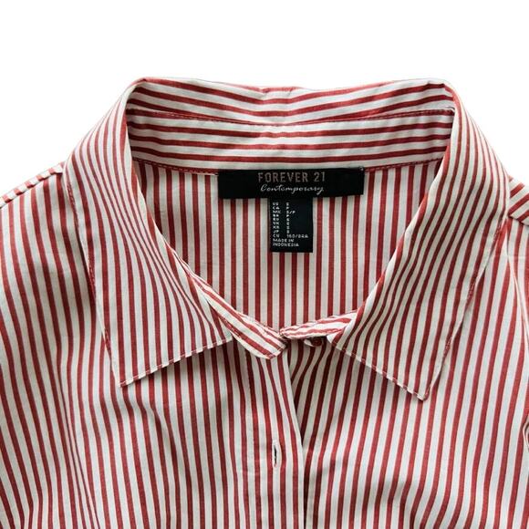 Forever 21 Contemporary Red White Shirt Dress Size Small Belted Bell Sleeve - Picture 3 of 6